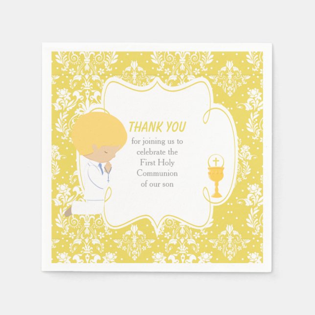 First Communion Blonde Boy Gold Damask Napkin (Front)
