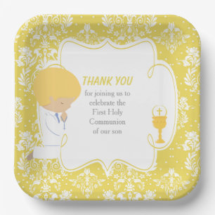 First Communion Blonde Boy Gold Damask Paper Plate