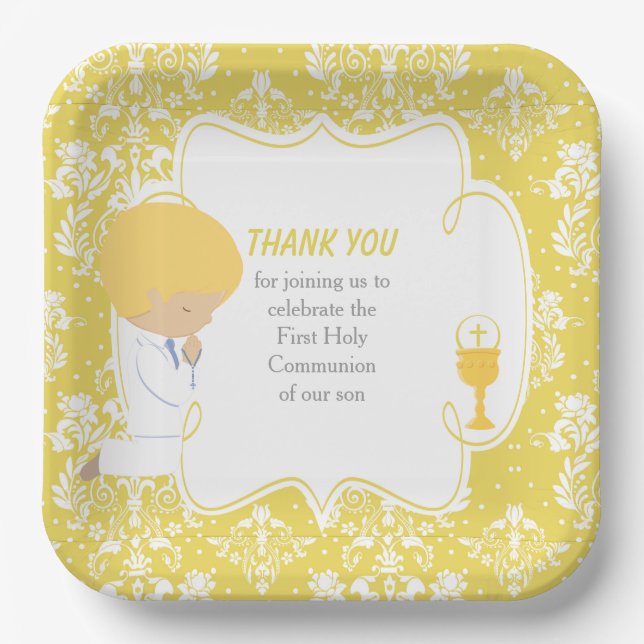 First Communion Blonde Boy Gold Damask Paper Plate (Front)