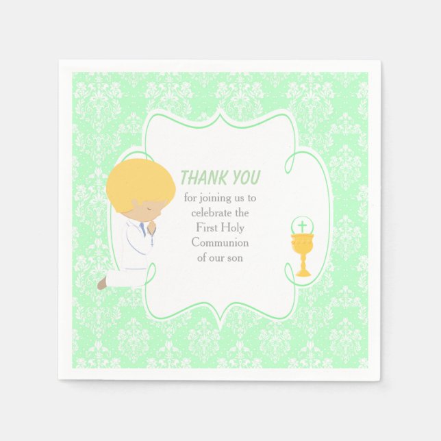 First Communion Blonde Boy Green Damask Napkin (Front)