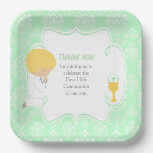 First Communion Blonde Boy Green Damask Paper Plate