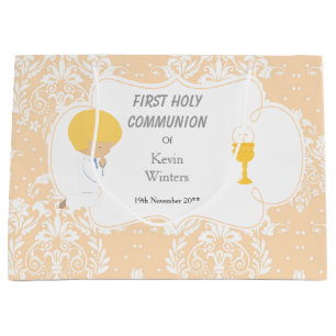 First Communion Blonde Boy Peach Damask Large Gift Bag