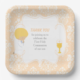 First Communion Blonde Boy Peach Damask Paper Plate