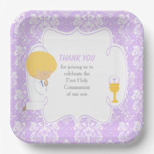 First Communion Blonde Boy Purple Damask Paper Plate