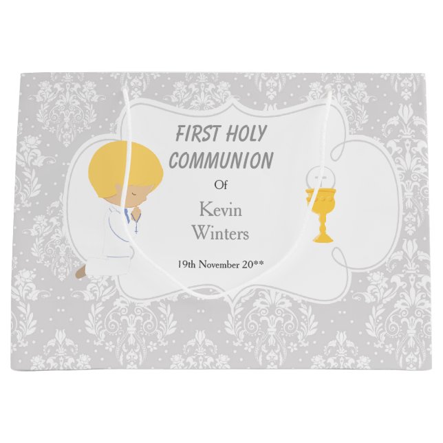 First Communion Blonde Boy Silver Damask Large Gift Bag (Front)