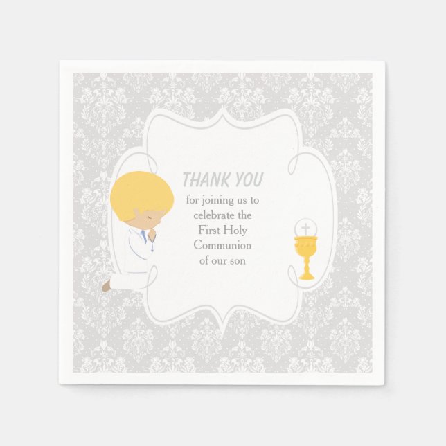 First Communion Blonde Boy Silver Damask Napkin (Front)