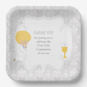 First Communion Blonde Boy Silver Damask Paper Plate