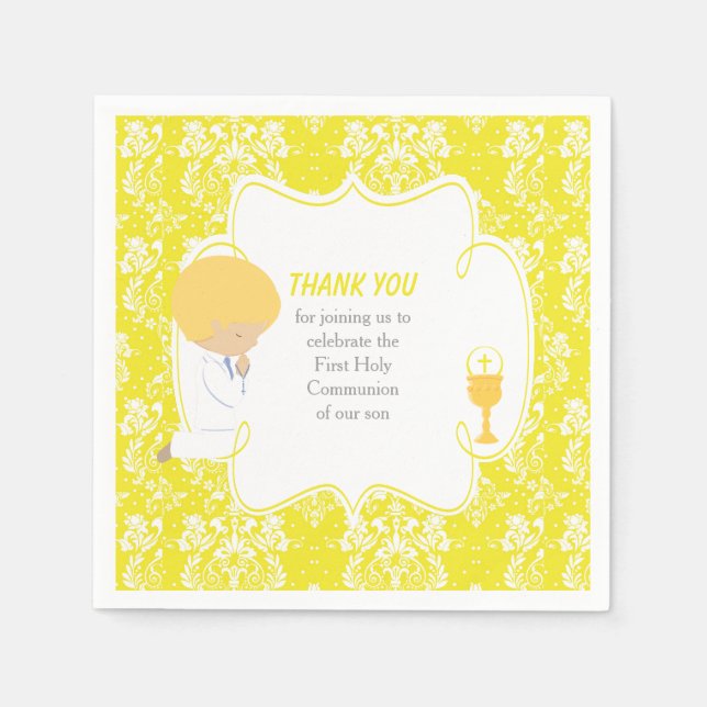 First Communion Blonde Boy Yellow Damask Napkin (Front)