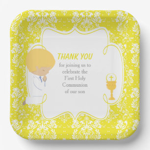 First Communion Blonde Boy Yellow Damask Paper Plate