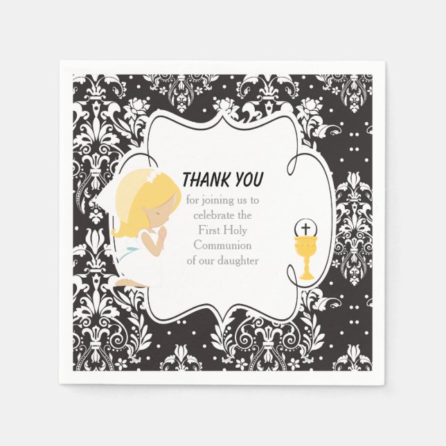 First Communion Blonde Girl Black Damask Napkin (Front)