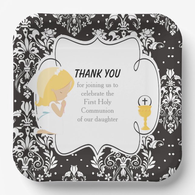 First Communion Blonde Girl Black Damask Paper Plate (Front)