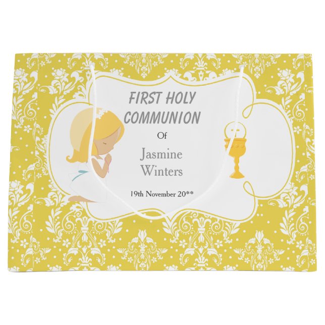 First Communion Blonde Girl Gold Damask Large Gift Bag (Front)