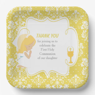 First Communion Blonde Girl Gold Damask Paper Plate