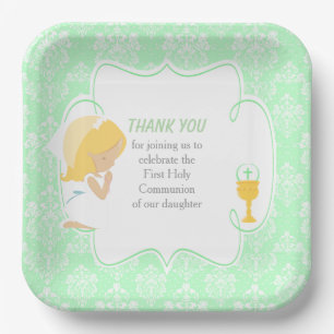 First Communion Blonde Girl Green Damask Paper Plate