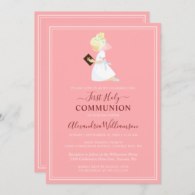 First Communion Blonde Girl Peach Pink Invitation (Front/Back)
