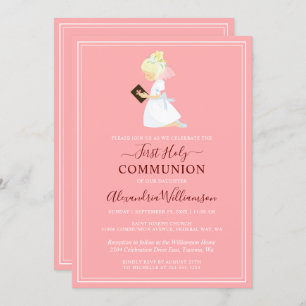 First Communion Blonde Girl Peach Pink Invitation