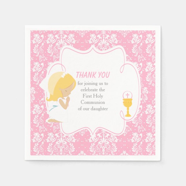 First Communion Blonde Girl Pink Damask Napkin (Front)