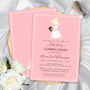 First Communion Blonde Girl Pink Invitation
