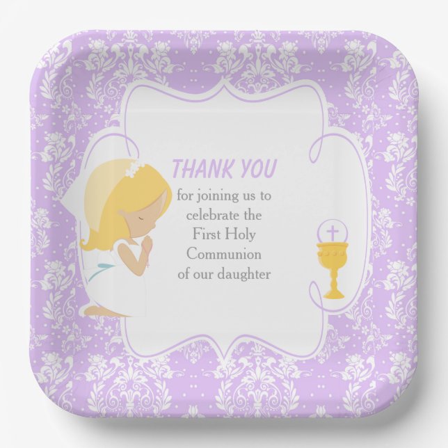 First Communion Blonde Girl Purple Damask Paper Plate (Front)