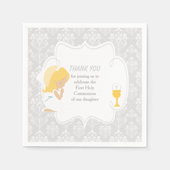 First Communion Blonde Girl Silver Damask Napkin (Front)