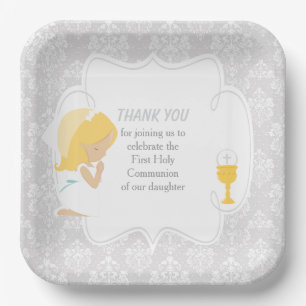 First Communion Blonde Girl Silver Damask Paper Plate