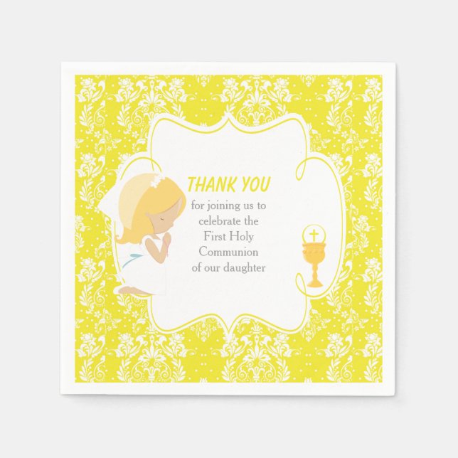 First Communion Blonde Girl Yellow Damask Napkin (Front)