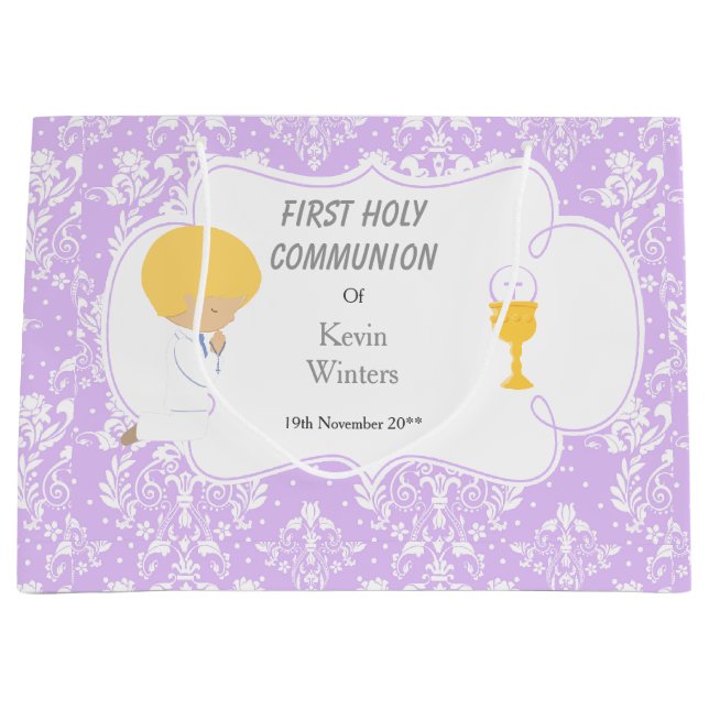 First Communion Blonde Hair Boy Thank You Large Gift Bag (Front)