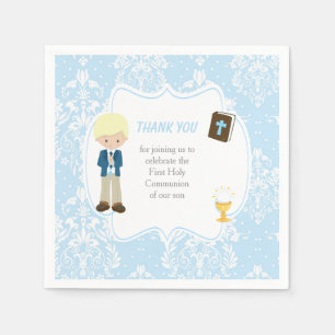 First Communion Blonde Hair Boy Thank You Napkin