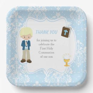 First Communion Blonde Hair Boy Thank You Paper Plate