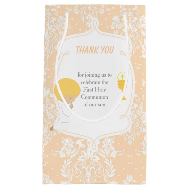 First Communion Blonde Hair Boy Thank You Small Gift Bag (Front)