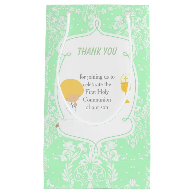 First Communion Blonde Hair Boy Thank You Small Gift Bag (Front)