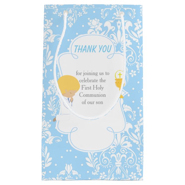 First Communion Blonde Hair Boy Thank You Small Gift Bag (Front)