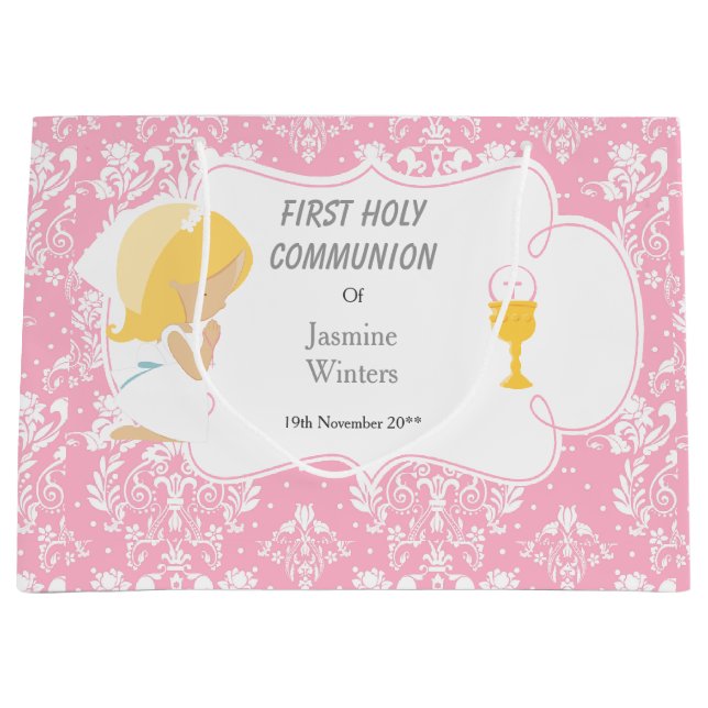 First Communion Blonde Hair Girl Thank You Large Gift Bag (Front)