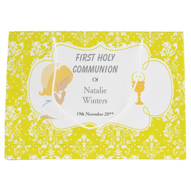 First Communion Blonde Hair Girl Thank You Large Gift Bag (Front)