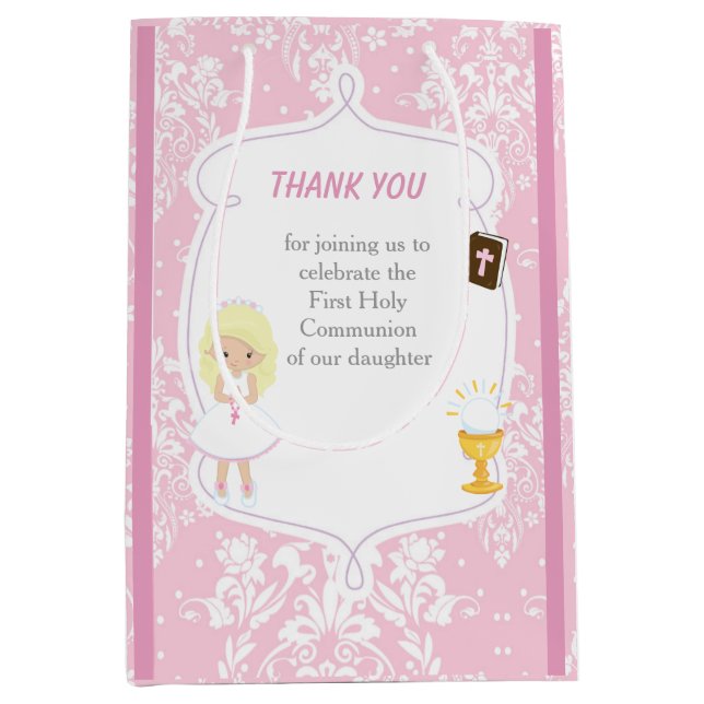 First Communion Blonde Hair Girl Thank You Medium Gift Bag (Front)