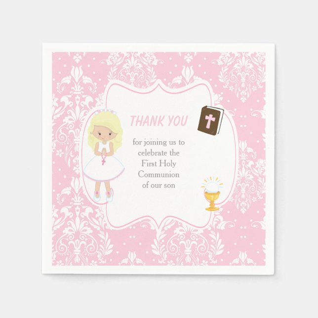 First Communion Blonde Hair Girl Thank You Napkin (Front)