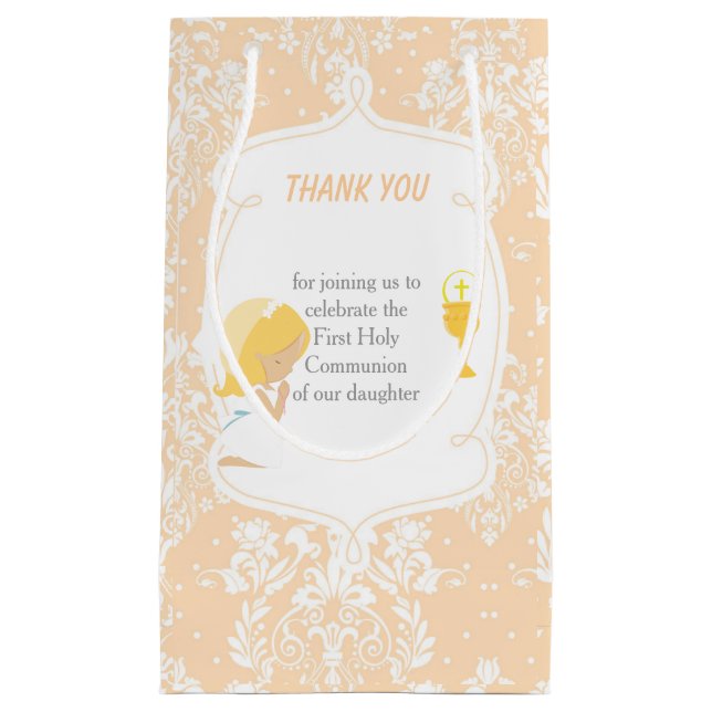First Communion Blonde Hair Girl Thank You Small Gift Bag (Front)