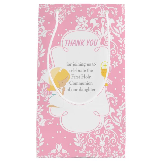 First Communion Blonde Hair Girl Thank You Small Gift Bag (Front)