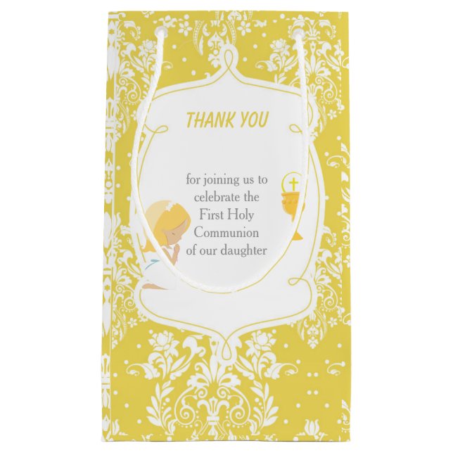 First Communion Blonde Hair Girl Thank You Small Gift Bag (Front)