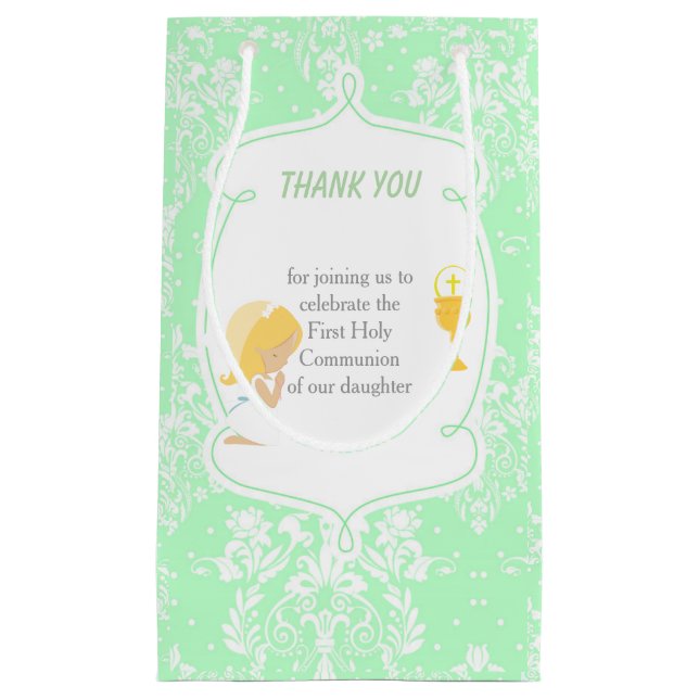 First Communion Blonde Hair Girl Thank You Small Gift Bag (Front)