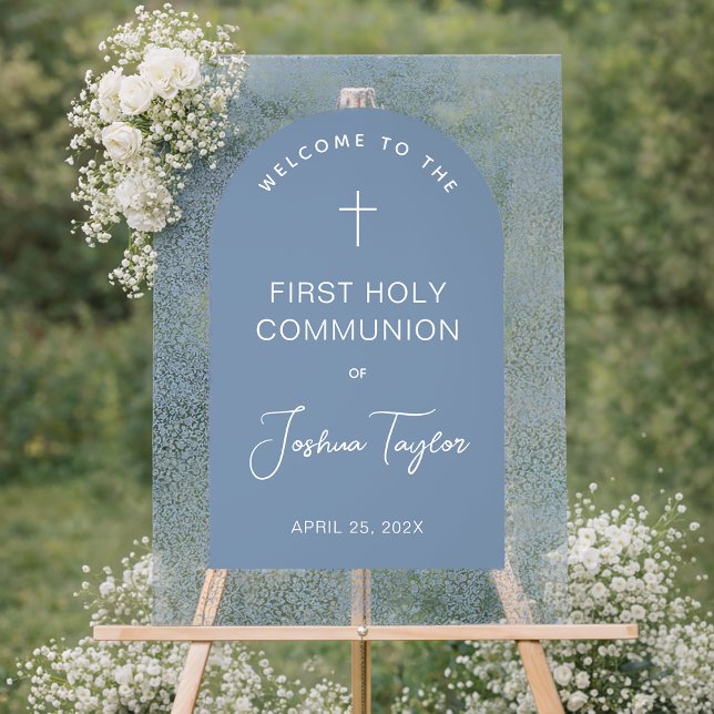 First Communion Blue Arch Floral Pattern Welcome Acrylic Sign (Creator Uploaded)