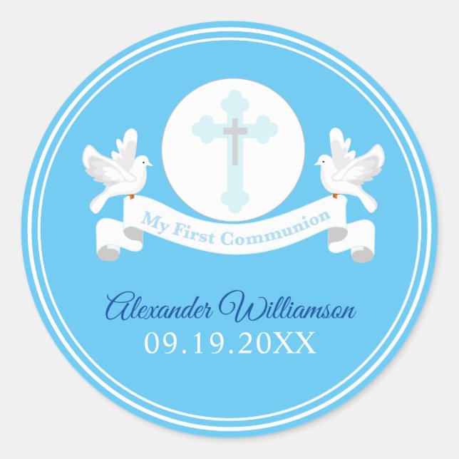 First Communion Blue Cross Doves Classic Round Sticker (Front)