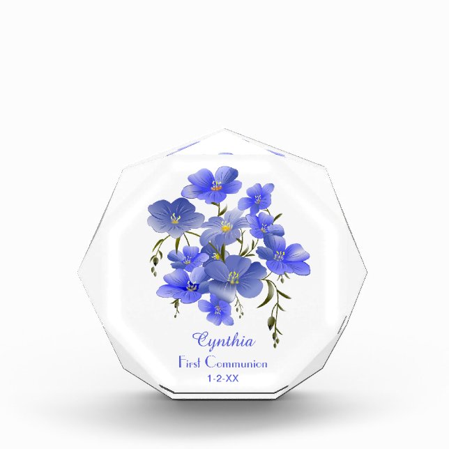 First Communion Blue Flowers Personalised Photo Block (Front)