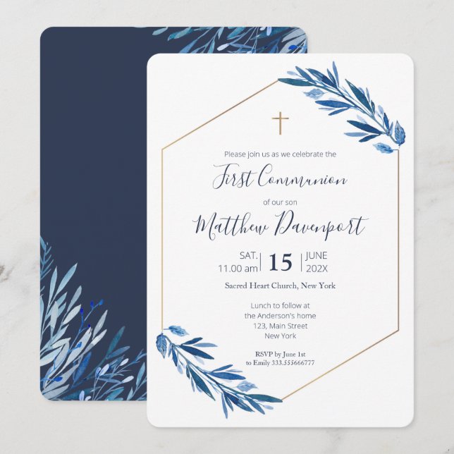 First Communion Blue foliage Invitation (Front/Back)