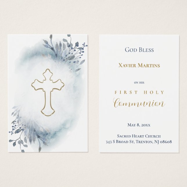 First Communion blue foliage remembrance card (Front & Back)