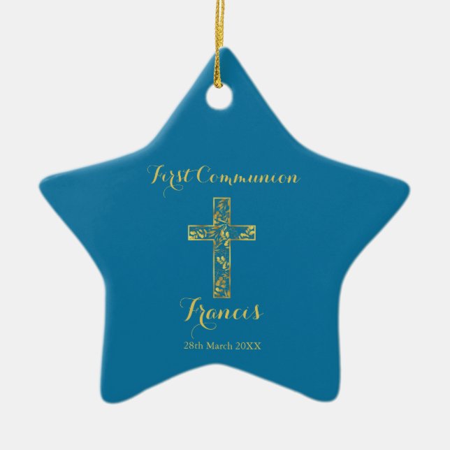 First communion blue gold cross boys ceramic tree decoration (Front)