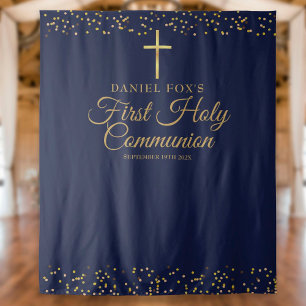 First Communion Blue Gold Photo Backdrop Tapestry