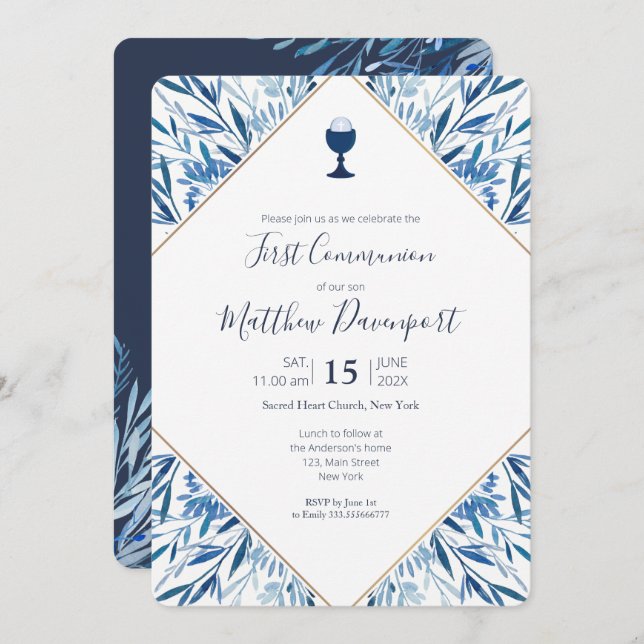 First Communion Blue greenery calice Invitation (Front/Back)