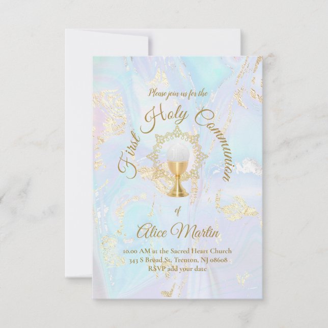 First Communion blue marble Invitation (Front)