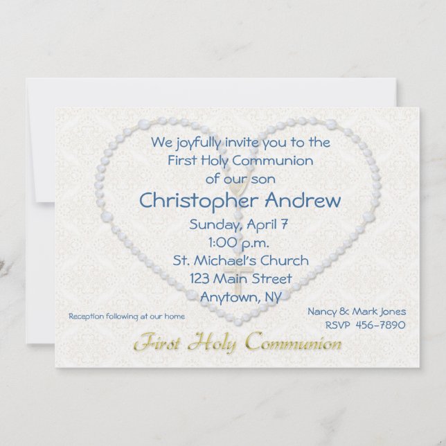 First Communion Blue Rosary Beads Heart Invitation (Front)
